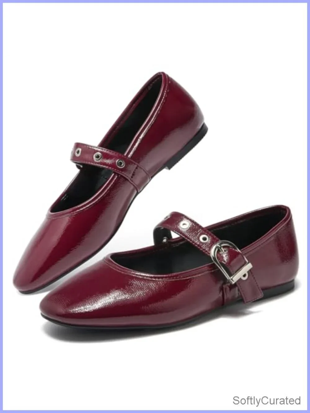 Faux Leather Mary Jane Ballet Flats - Lace Mesh Buckle Round Toe Comfortable